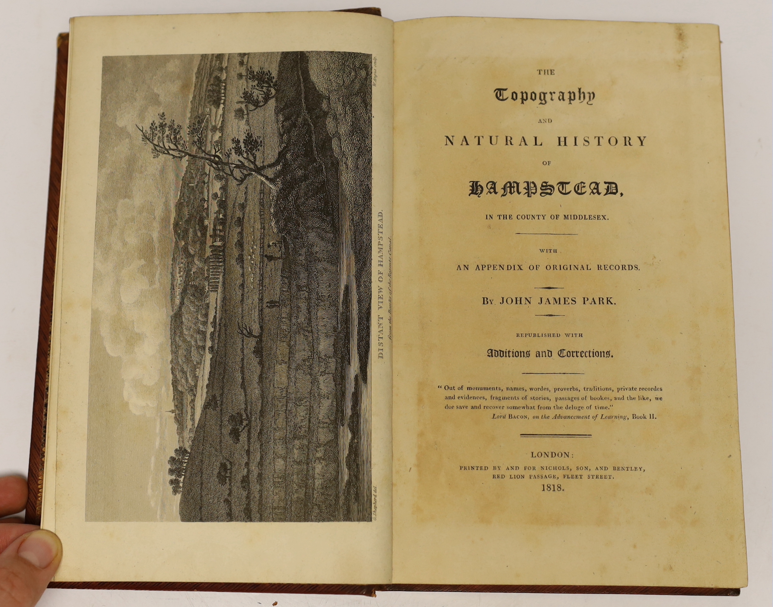 Park, John James - The Topography and Natural History of Hampstead....(2nd edition), republished with additions and corrections. large scale folded plan, 13 plates and 2 folded pedigrees, subscribers' list; later 19th ce